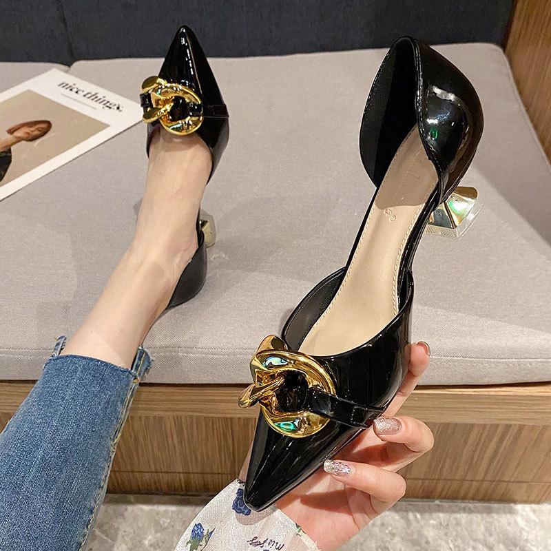 

Sandals Casual Woemn's Pointed Toe Kitten Heels Slip-on Pumps Patent Leather Metal Decorative Summer Cover Heel Dating Wedding, Black