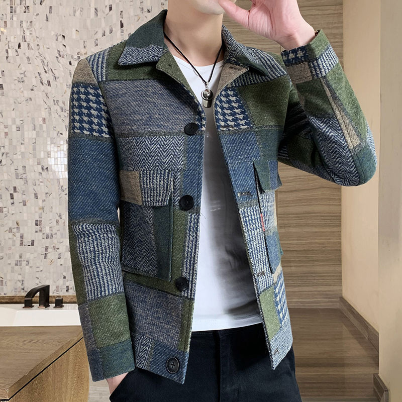 

2021 New Warm Long-sleeved Plaid Gentleman Pockets Coat Korean Casual Men's Stitching Fashion Slim Fit Jacket 33oy, Blue
