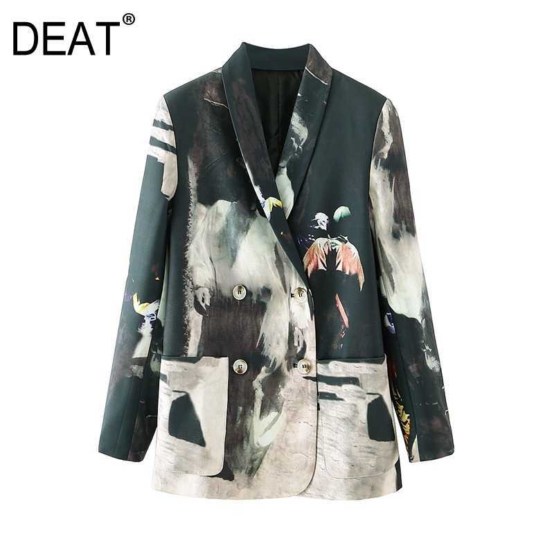 

DEAT] Spring Autumn Fashion V-neck Double Breasted Printing Long Sleeve Temperament Women' Blazer Coat 13W277 210527, As shown