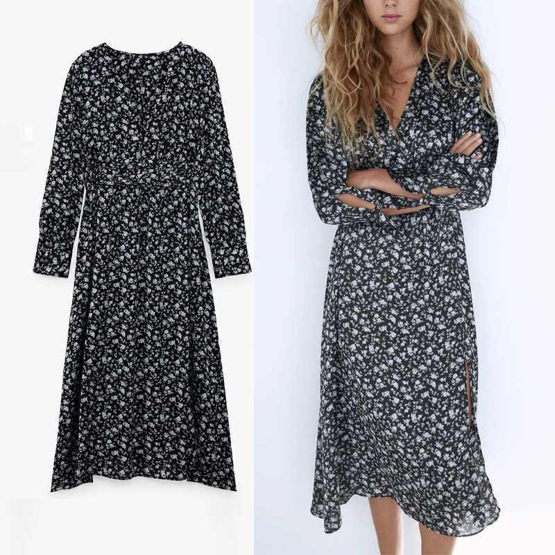 

Za Floral Print Satin Dress Women Long Sleeve Elegant Office Midi Dress Woman Chic Elastic Waist Vinatge Pleat Dresses 210602, As picture