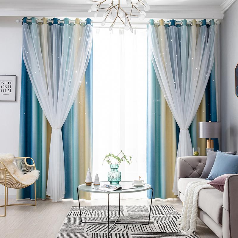 

Curtain & Drapes Double Layer Blackout Curtains Star Cutout For Living Room Jinya Home Decor Rainbow Color Window Panels Baby Bedroom, Blue