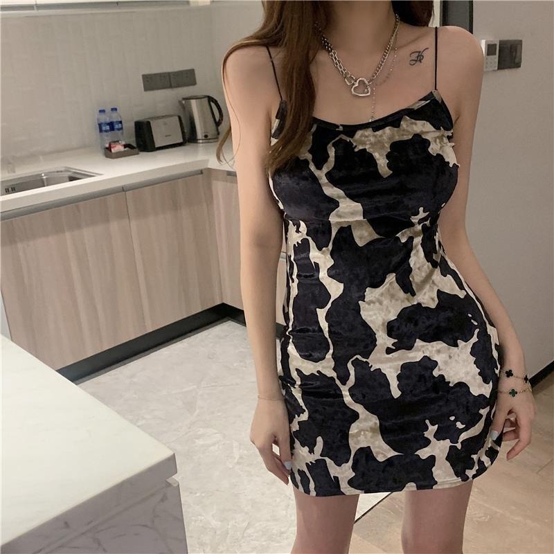 

Sexy Cow Print Dress Women Harajuku Spaghetti Strap Slip Bodycon Mini Dress Summer Backless Off The Shoulder Dresses, Black;gray