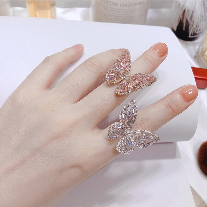 

Cluster Rings Korean Style Butterfly For Women Light Luxury Temperament Pink Zircon Hollow Wholesale Wedding Jewelry KAR082, Golden;silver