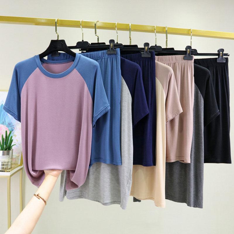 

Men's Sleepwear 2021 Summer Modal Pajamas Sets Short Sleeve Shorts Thin Casual Home Costumes Suit Lovers Lounge Wear Plus Size 5XL 6XL, Black set