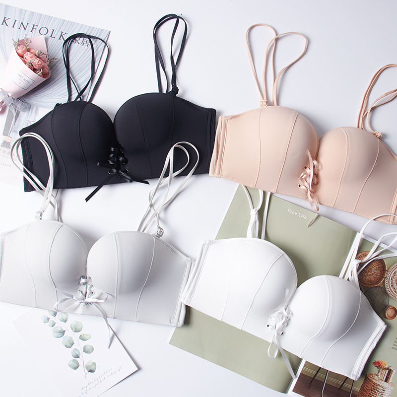 

bras sets miracle pull b cross back gathered bra no steel ring breathable invisible non slip satin strapless underwear, Red;black