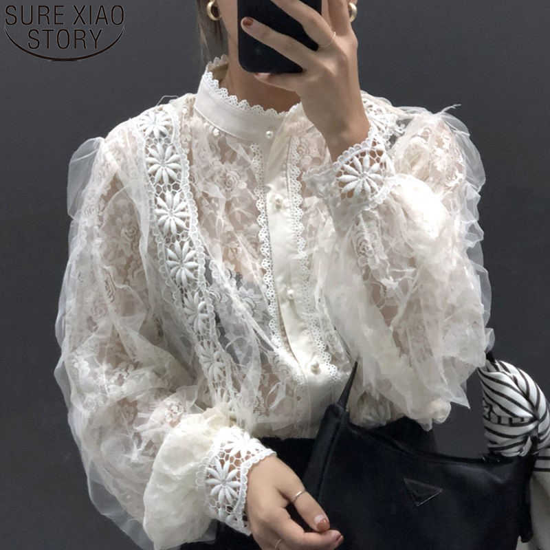 

See Through Vintage Shirt Women Blouse Korean Clothing Lace Blouses Loose Stand Collar Tops Pearl Buckle Long Sleeve Shirt 13339 210527, Apricot (with sling)