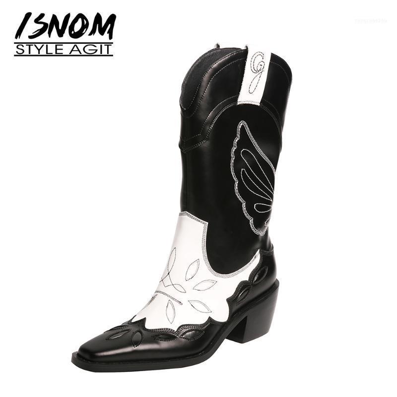 

Boots ISNOM Vintage Mid Calf Women Genuine Leather Shoes Western Booties Mix Color Cuban Heel Embroider Cowboy Chunky Heel1, Black