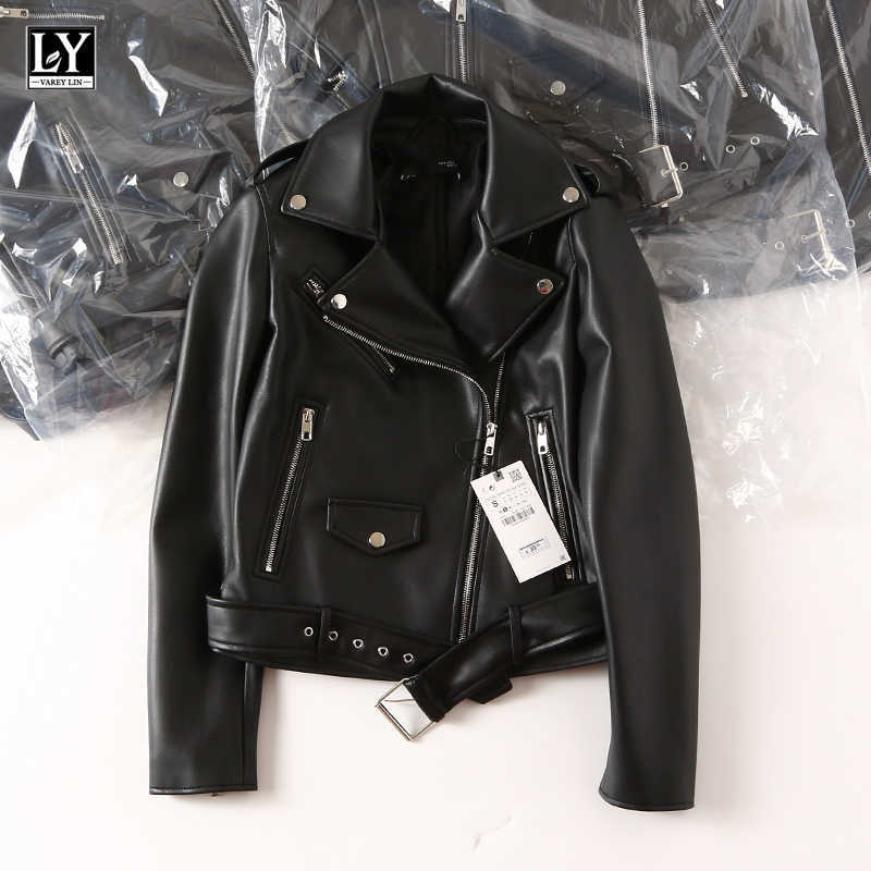 

LY VAREY LIN Spring Autumn Women Biker Jacket Streetwear Slim Fit Turn Down Collar Pu Leather with Belt Female 210526, Black