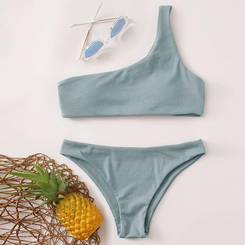 

Women' Swimwear Sexy Solid Bikini Swimsuit Women One Shoulder Push Up Bikinis Set Female Low Waist Swimming Suits For Bathing Suit #G3, Mint green