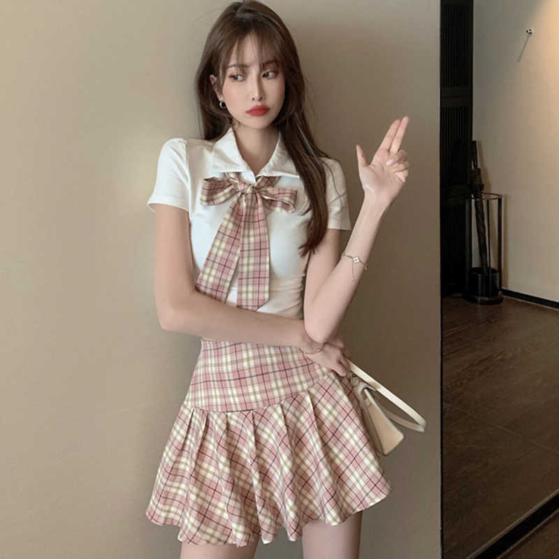 

Korea Ulzzang two-piece slim large size sexy plaid high waist A-Line pleated skirt set Harajuku kawaii summer women suits 210608, Pink