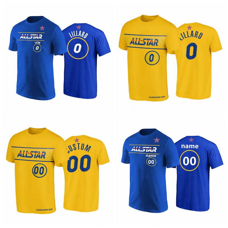 

2021 All-Star Damian Lillard T-Shirt Blue Gold Western Conference Portland Trail Blazers Men Basketball Uniform, Black;red