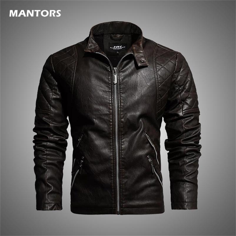 

Autumn Winter Mens Leather Jacket Fleece Stand Collar PU Jacket Male Windproof Motorcycle Zipper Jackets Men Coat Clothes 211110, Kh49black