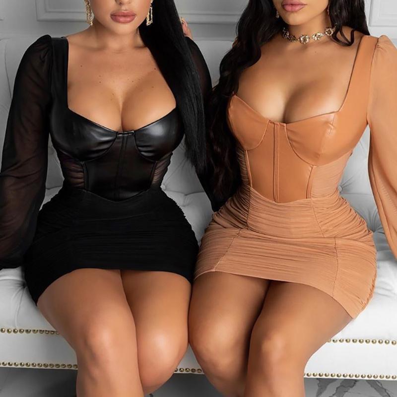 

Casual Dresses PU Leather Women Long Sleeve Elegant High Elasticity Clothing Deep V Neck Gothic Outdoor Wear Plus Size Mini Dress, Khaki