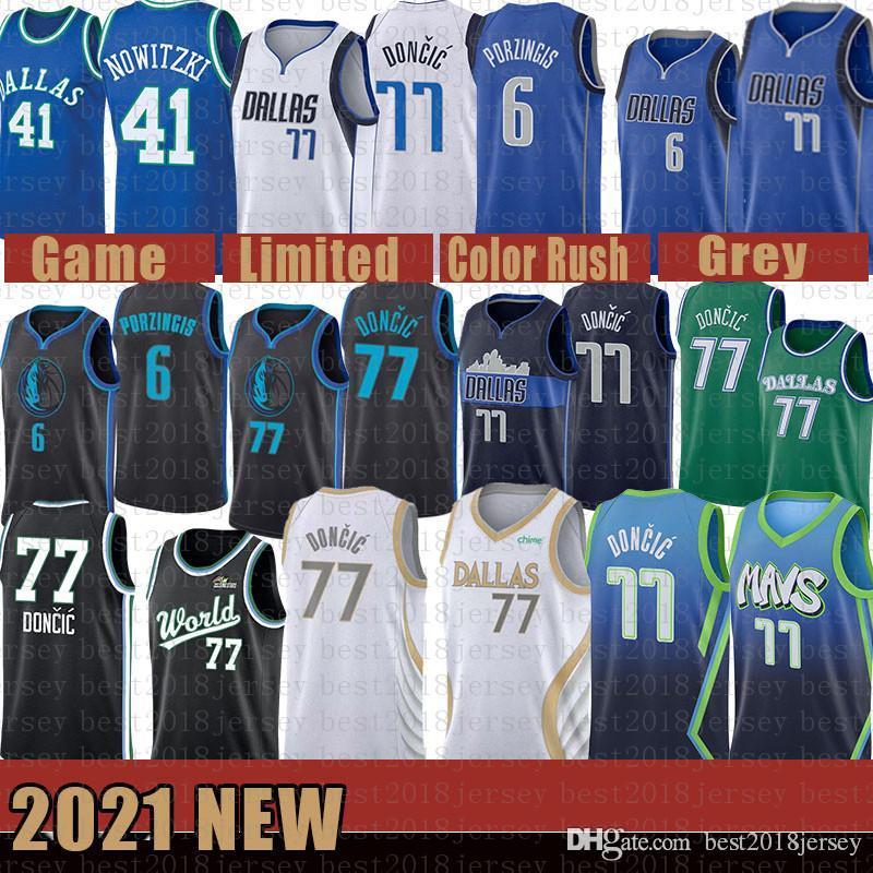 

2021 New Basketball Jersey Dallas Mavericks Mens Luka Kristaps 6 Porzingis 77 Doncic Dirk 41 Nowitzki Mesh Retro Brown, Black;red
