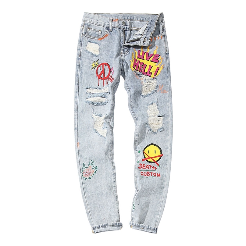 

Denim Pants Graffiti Fire Flame Ripped Destroyed Holes Jeans Casual Trousers 211108, Blue