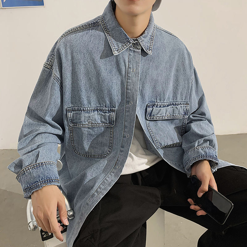 

2021 New Spring Men's Fashion Retro Pocket Denim Jackets Mens Streetwear Korean Loose Hip-hop Bomber Jacket Men M-2xl Puau, Light blue