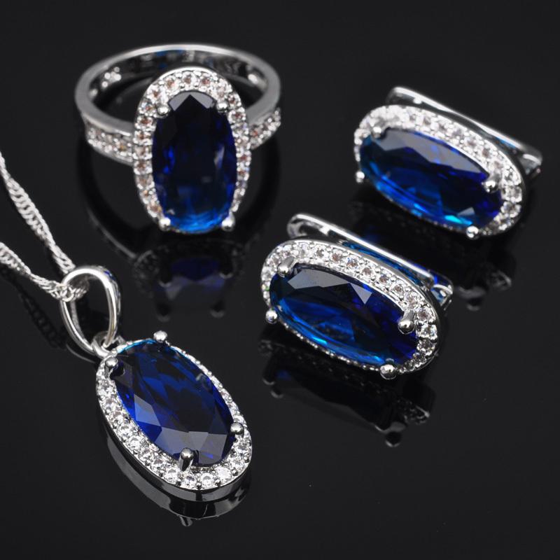 

Earrings & Necklace 2021 Blue Crystal Zirconia Jewelry Sets Women's Wedding Silver Color And Ring Set Fast Ship QZ0167, As pic