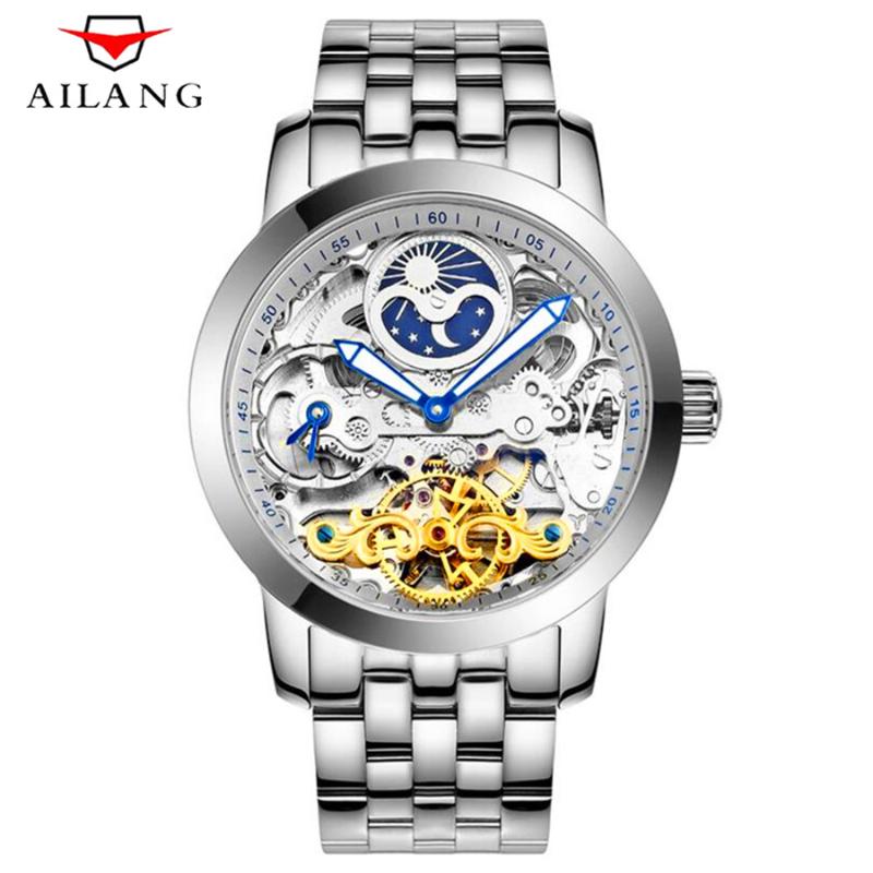 

Wristwatches AILANG Fashion Stainless Steel Hollow Steampunk Watches Mens Waterproof Luminous Automatic Mechanical WatchFor Men 6812, Leather gold