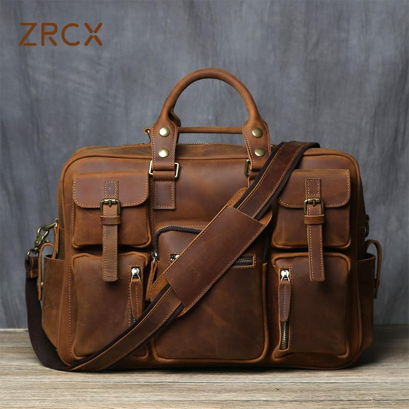 

ZRCX Men's Genuine Leather Travel Bag Retro Large-Capacity Handbag Business Cowhide Briefcase Leather Business Trip Computer Bag, Vintage brown