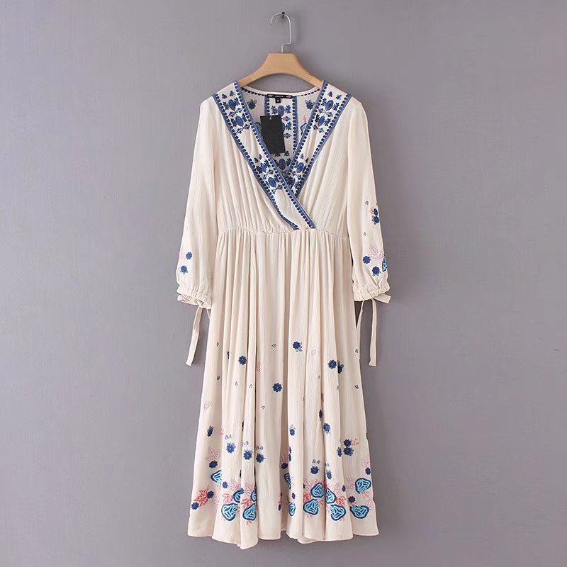 

women embroidery v-neck floral dress high waist multicolored long dress vintage fashion a line dress, Black;gray