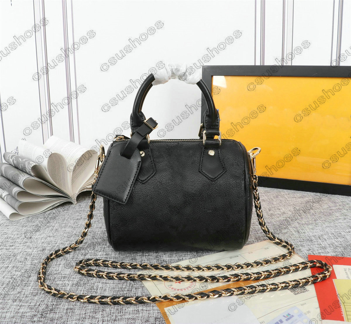 

Speedy Chains BB M57111 Black Lambskin Embossed Flower Letter Boston Bags Inclined Shoulder Bag Pillow Mono Handbag Designers Crossbody Bags