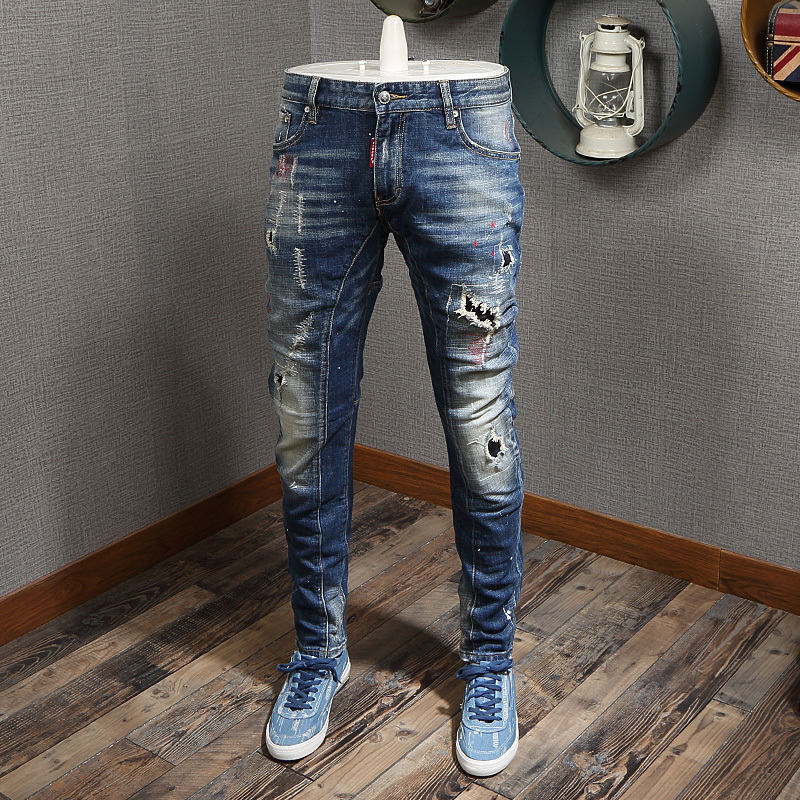 

2021 New Fashion Streetwear High Quality Retro Blue Destroyed Ripped Men Slim Fit Baggy Pants Italian Style Hip Hop Jeans 4wdc