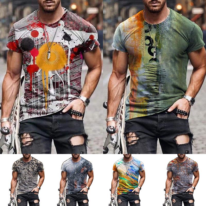 

Men's T-Shirts 2021 Summer Men Fashion Harajuku Colorful Cross Printed O Collared Oversized Vintage Short Sleeve T Shirts