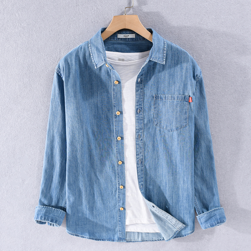 

2021 New Outono e Primavera Denim Manga Comprida Marca De Algodo Masculina Casual Moda Camisas Para Homem Slido Azul Camisa Dos Homens Livg, Light blue