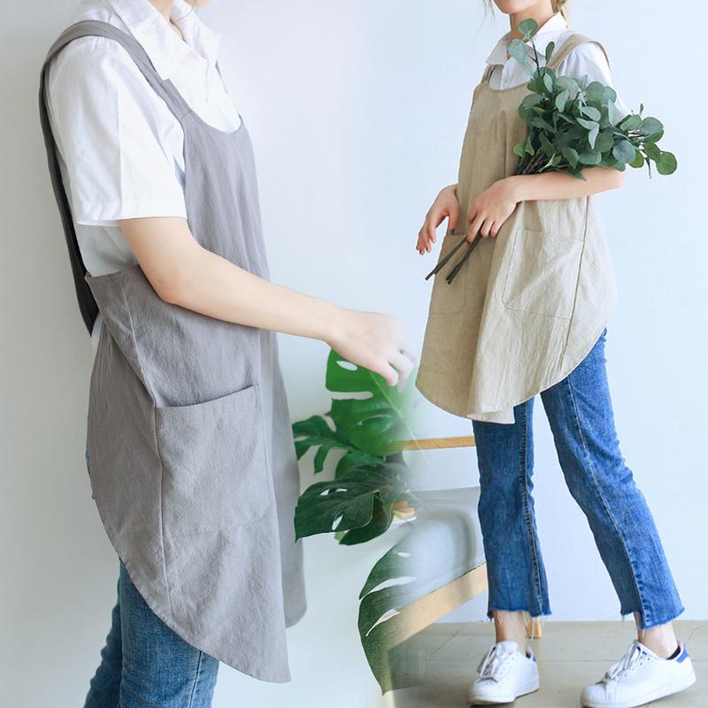 

Women Japanese Style Soft Bib Home With Pockets Reusable Washable Simple Chef For Cooking Cotton Linen Cross Back Kitchen Apron