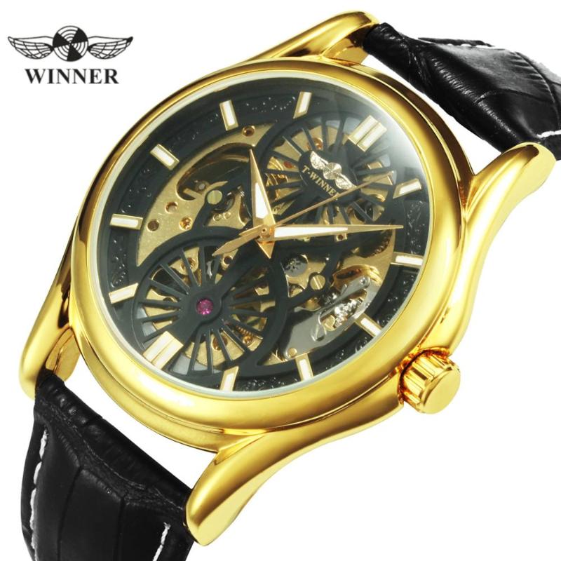 

Wristwatches WINNER Official Automatic Watch Men Skeleton Mechanical Wristwatch Fashion Casual Male Clock Reloj Hombre Leather, Black