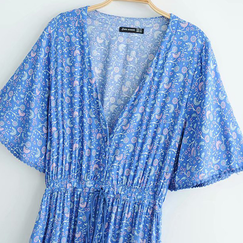 

Boho Chic Summer Floral Print Pleated Long Dress Vintage Women Holiday V Neck Short Sleeve Beach Dresses Femme Vestidos, Black;gray