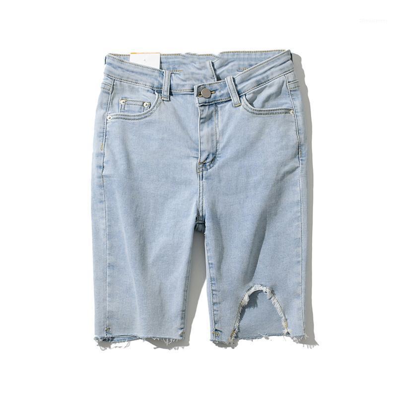 

Summer Fashion Street High Waist Ripped Denim Shorts Women, Solid Color Thin Feet Asymmetric Stretch Five-point Jeans Women Women's, Black
