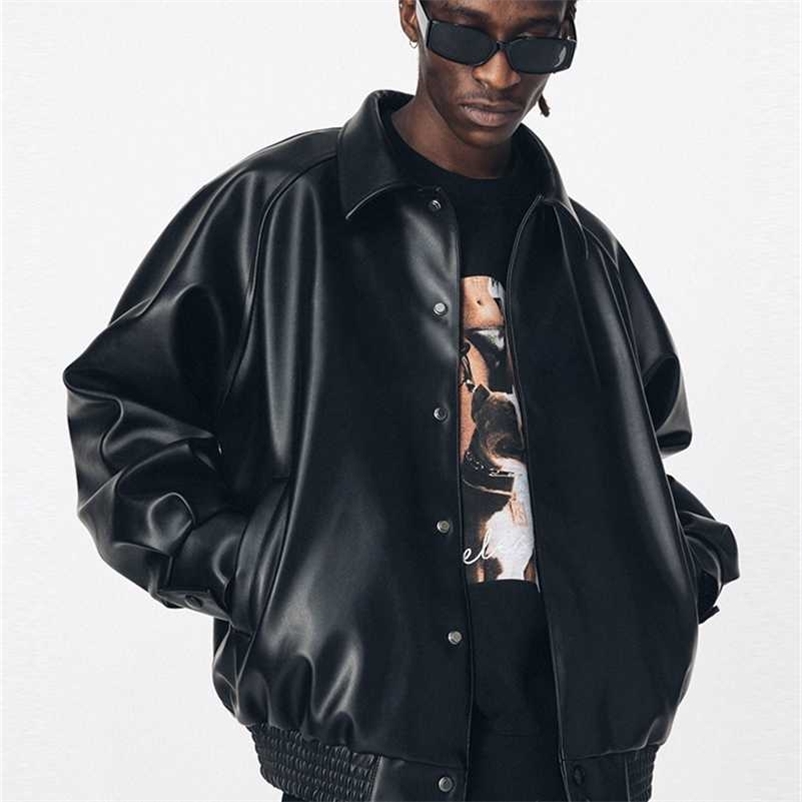 

Mauroicardi Autumn Casual Oversized Black Pu Leather Jacket for Men Style Raglan Sleeve Turndown Collar Loose Korean Fashion 211110