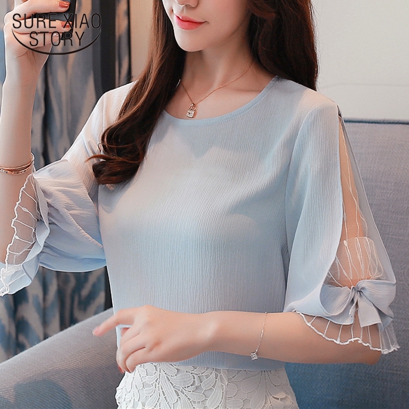 

2021 Fashion Chiffon Women' Clothing Summer Half Sleeve Light Blue Women Shirt Blouse Sweet O-neck Women' Tops Blusas D740 30 210315