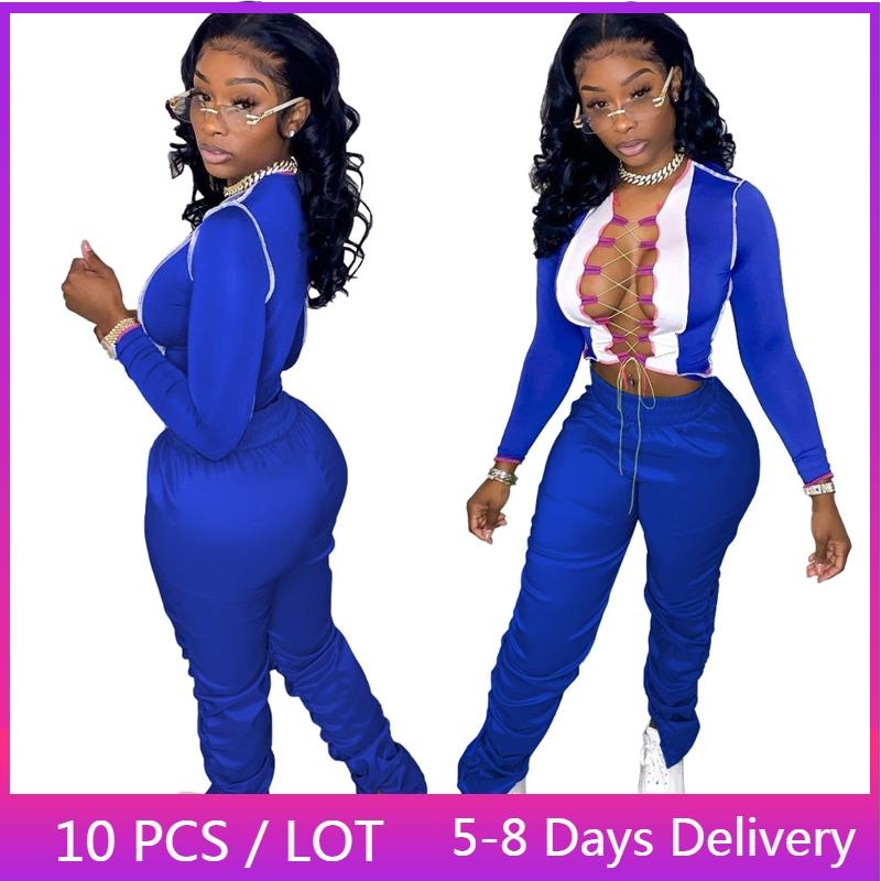 

Women's Two Piece Pants Sexy Womens Peice Sets Fall Clothes Color Patchwork Lace Up Crop Top Stacked Flare Bandage Club Outfits Wholesale, White
