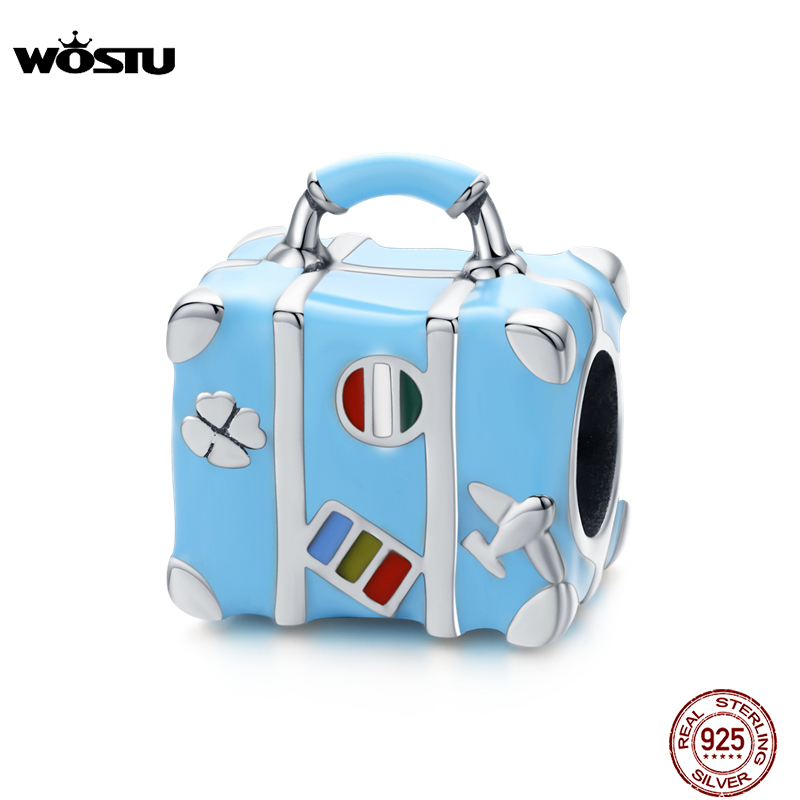

WOSTU New Fashion 925 Sterling Silver Suitcase Luggage Blue Beads Fit Original Bracelet Charm Pendant Jewelry Making CQC1377 Q0531