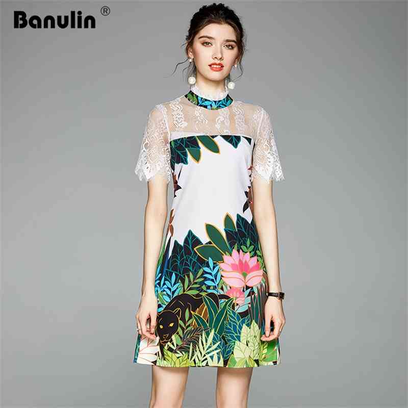 

Banulin Summer Fashion Runway Designer Dress Women Ruffles Short Sleeve Flowers Print Lace Patchwork Mini Vestido 210603, Design and color