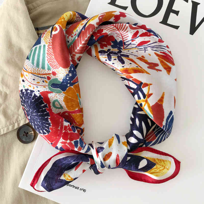 

Women Fashion Soft Floral Printed Oil Painting Style Bag Hair Handkerchief 53x53cm Small Square 100% Natural Silk Neck Scarves