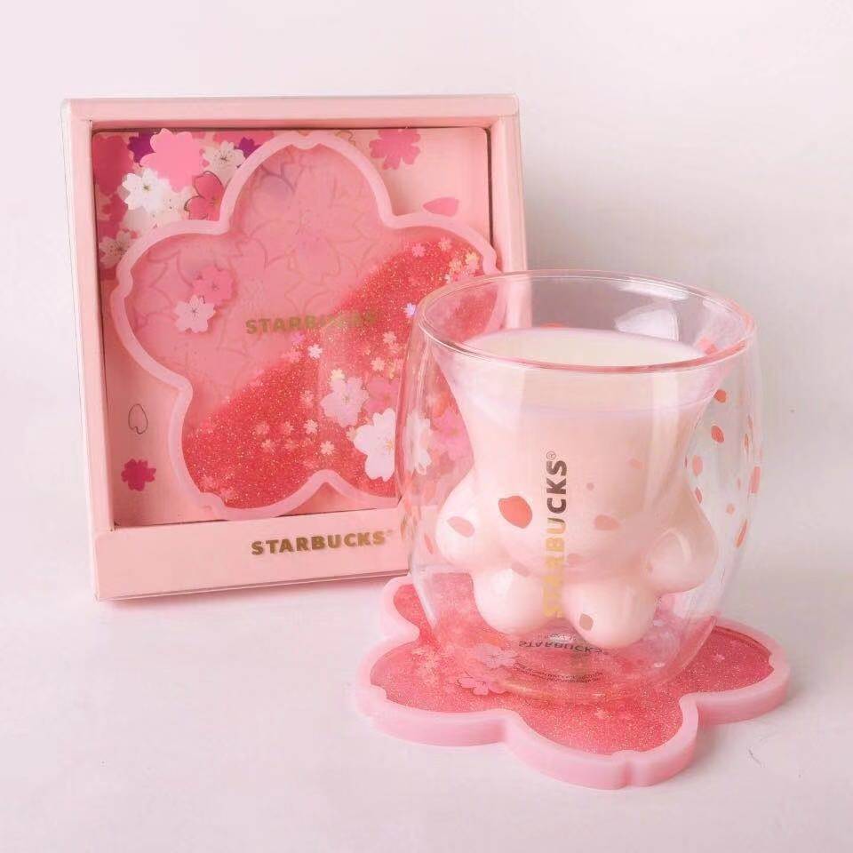 

Limited Edition Starbucks Cute Cat Foot Mugs with Coaster Cat-claw Coffee Mug Toys Sakura 6oz Pink Double Wall Glass Cups