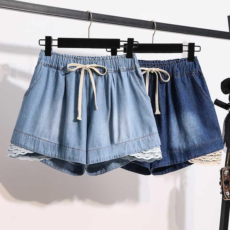 

Japan Style Elastic Waist Jean Shorts Large Size Women High Lace Patchwork Wide Leg Denim Plus -5XL1, Light blue