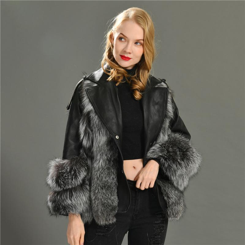 

Women's Fur & Faux Women Real Blue Silver Coats With Genuine Leather Patchwork Female Winter Jacket For Lady Natural Coat, Silver fox fur
