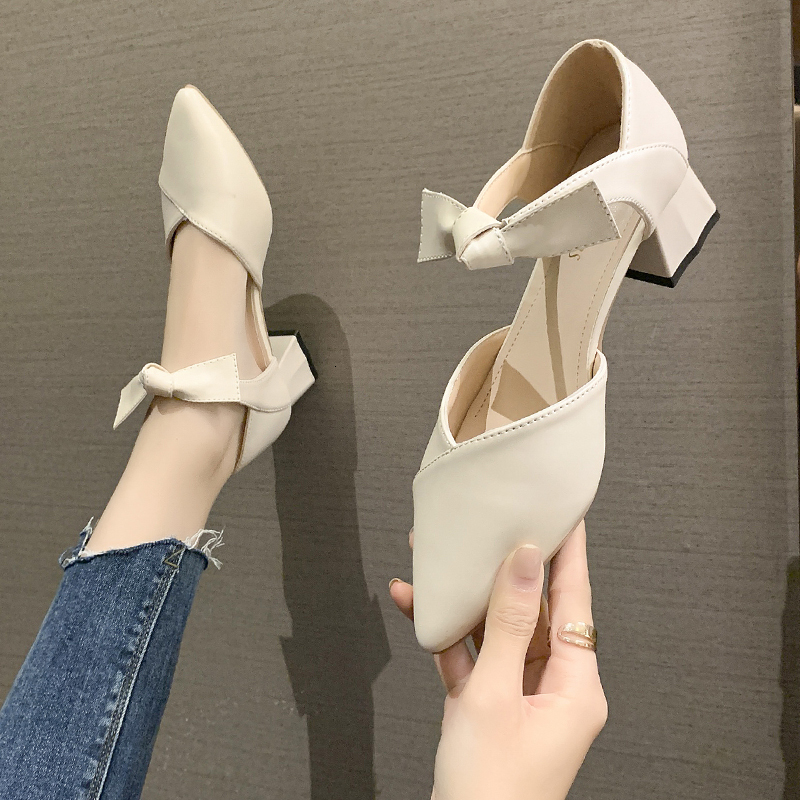 

New Fashion Bowknot Square Heels Ladies Soft Pu Leather Pointed Toe Pumps Women 2021 Beige Shallow Single Shoes Woman 2c09, Ou se