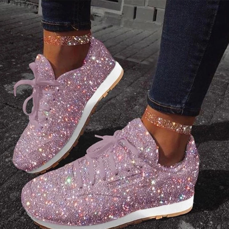 

2021 New Women Chunky Sneakers Flat Vulcanized Shoes Woman Lace Up Fashion Bling Autumn Casual Footwear Big Size Wy64, Black