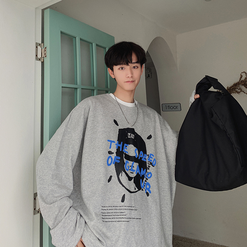 

2021 New Men's Fashion Round Neck Coats Oversize Style Hoodies Cotton Casual Clothes Pullover Grey/white Color Sweatshirts M-2xl Ateo, Gray