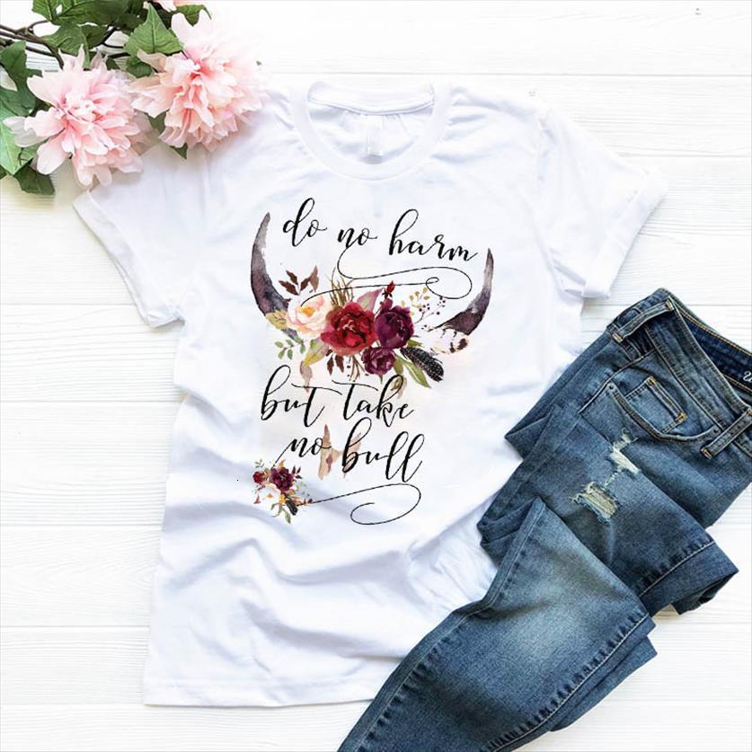 

bull head flower printed womens short sleeve loose tee female clothes, White
