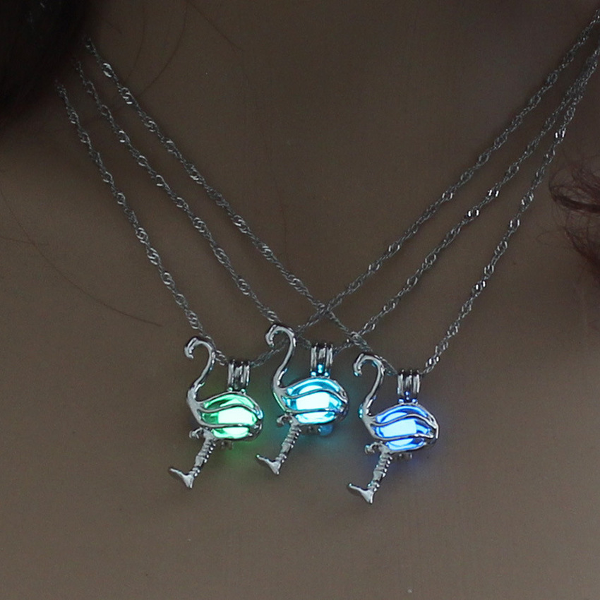 

luminous bead Flamingos pendant necklace can open the hollow locket Halloween necklaces for women jewelry will and sandy drop ship, Silver