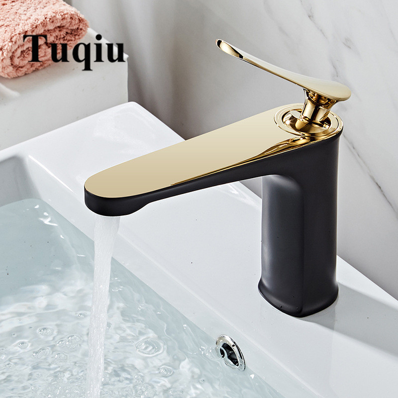 

2021 New Solid Brass Bathroom Basin Faucet Cold and Hot Water Mixer Sink Single Handle Deck Mounted Black & Gold Tap C47f