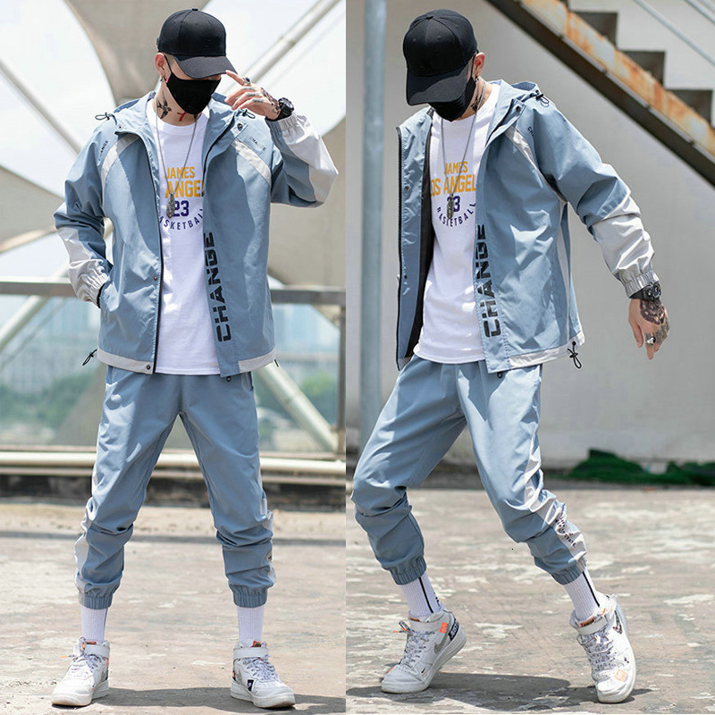 

2021 New Hip Hop 2 Pieces Casual Training Set Letter Printing Loose Suits with Hoodie Jacket + Joint Men's Pants Ubck, Khaki.
