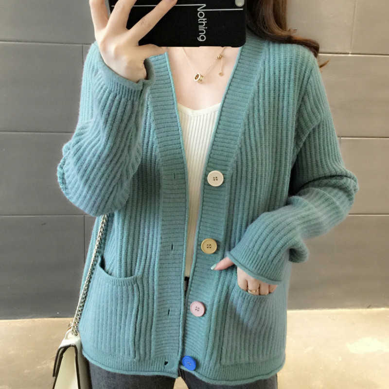 

autumn V-neck sweater Korean version of the loose student knit cardigan female simple wild coat 210527