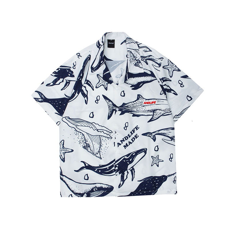 

2021 New High Street Whale Print Hawaiian Shirts Men and Women Short Sleeve Oversize Loose Casual Shirt Harajuku Laple Summer Tops Svc1, Black